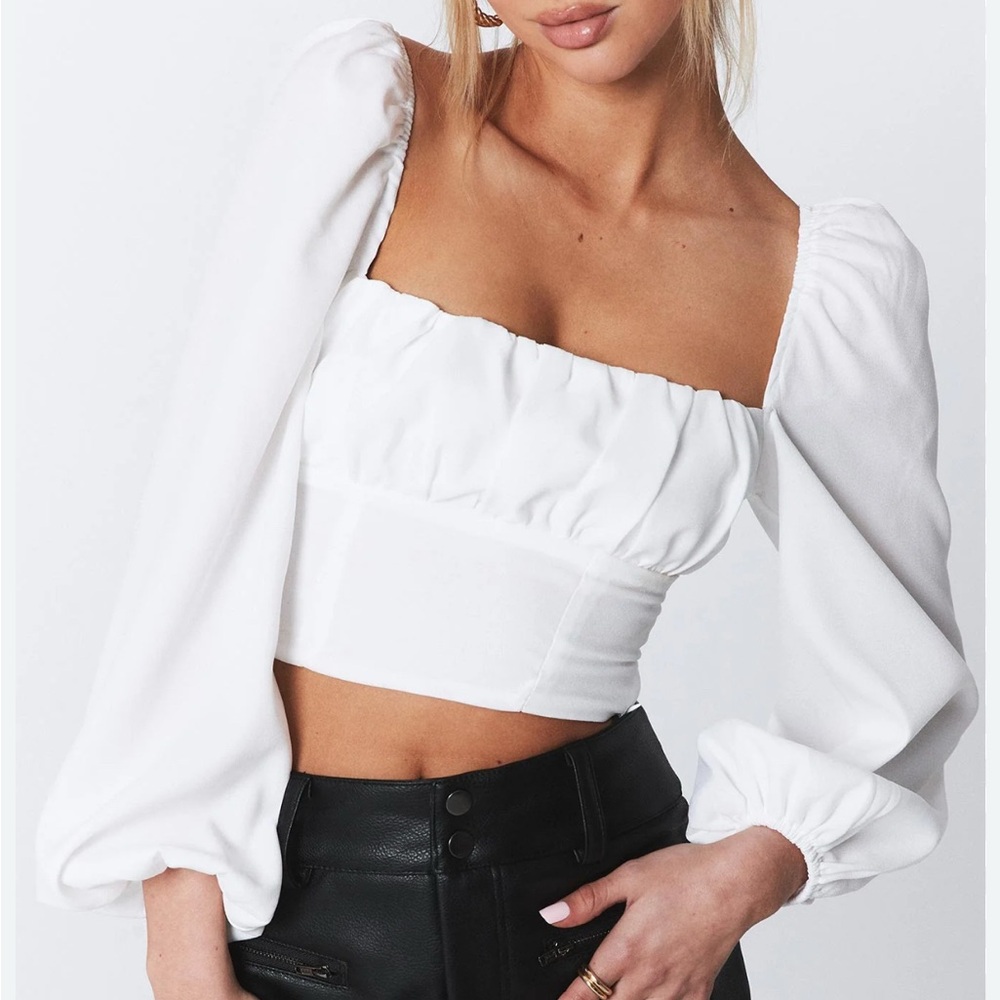 Princess Polly Ariah White Puff Sleeve Long Sleeve Crop Top